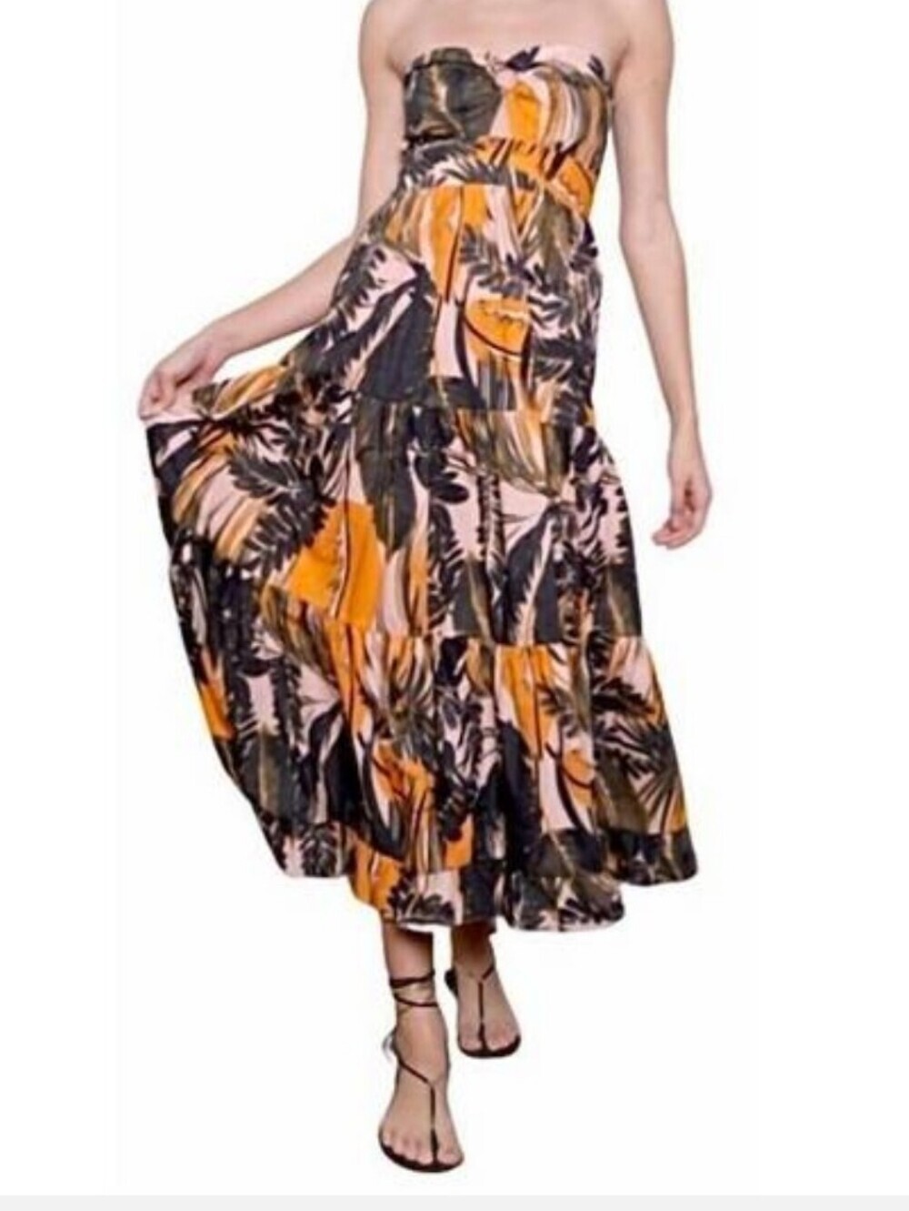 Karina Grimaldi Down Prinnt Maxi Dress Strapless Tropical Resortwear Bohemian L
